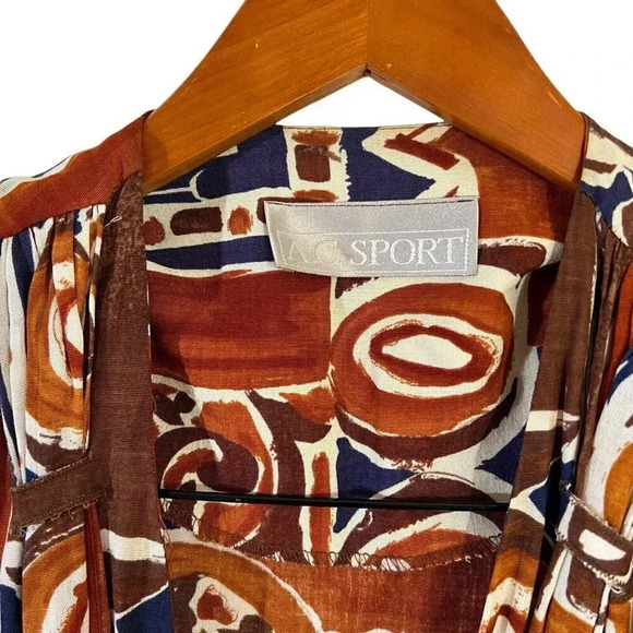 AC Sport Vintage Button Up Blouse Brown Blue Boho 70s Shoulder Pads Rayon Retro - Picture 5 of 7